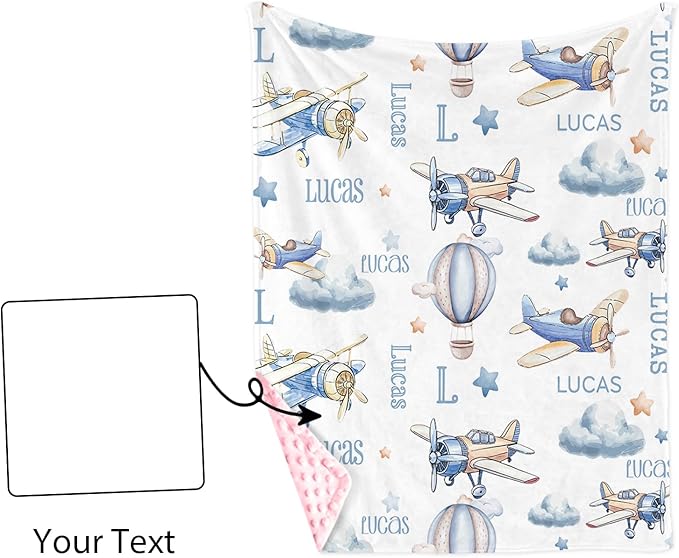 Personalized Infant Swaddle Blanket – Soft Flannel with Double-Layer Dotted Backing – Aircraft and Hot Balloon Design