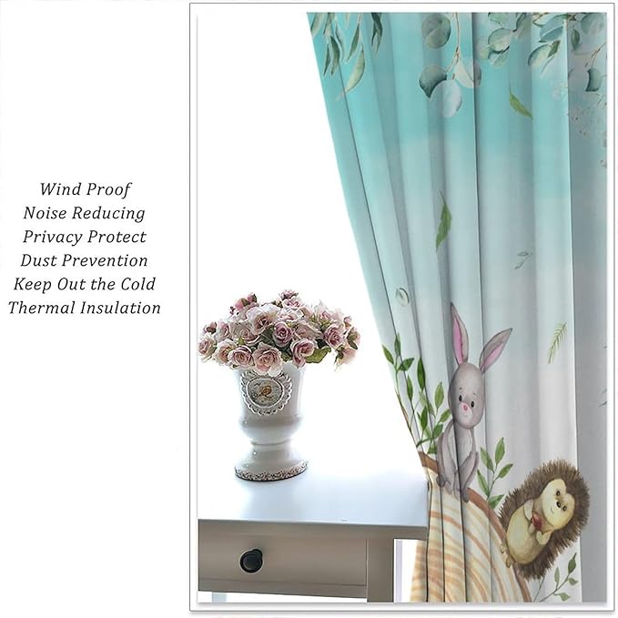 Kids Forest Animal Curtains, Woodland Animal Window Treatments Fox Deer Bunny Wildlife Safari Jungle Bear Farmhouse Window Drapes for Girls Boys Nursery Bedroom 42x54in