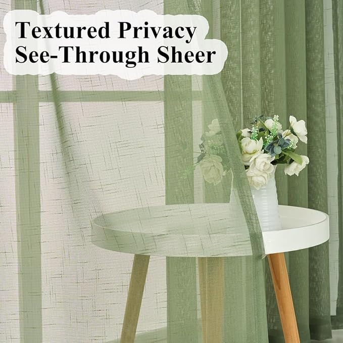 Sage Green Linen Look Sheer Curtains 84 Inches Long 2 Panels, Rustic Textured Light Filtering Drapes, Elegant Window Decor, Pinch Pleat Curtain with Hooks