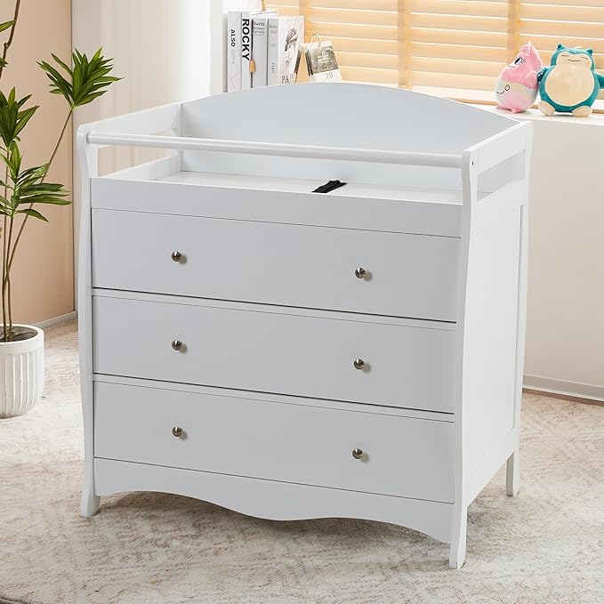 Karl home Changing Table Dresser Baby Diaper Changing Station Infant Nursing Table with 3 Drawers, Safety Rail & Strap for Bedroom, Nursery, White