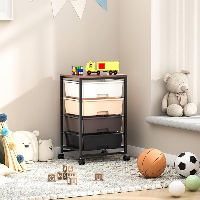 Utility Cart with 4 Drawers,Rolling Storage Cart with Drawers,Storage Rolling Drawer Cart,Brown