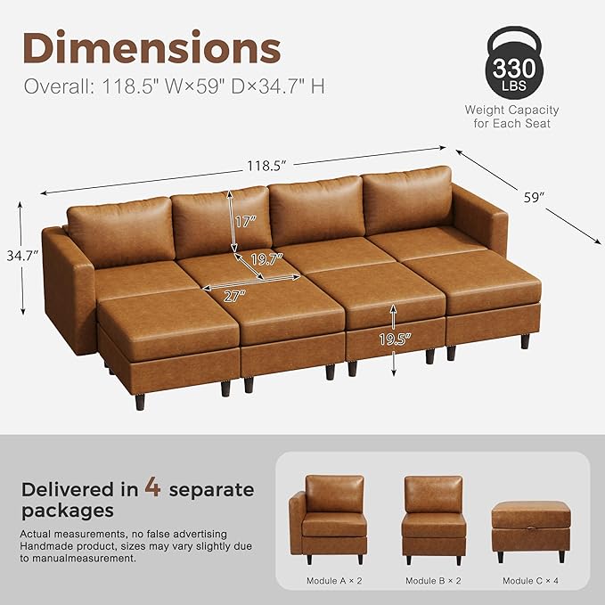 118.5" Luxury Modular Sleeper Sofa Bed with Storage Seat, 8 Seat Sectional Couch Deep Seat with Reversible Chaises & Removable Cover - Brown Faux Leather
