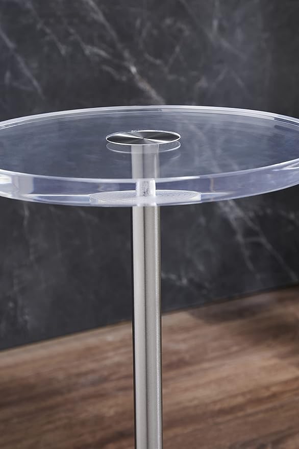 Clear Acrylic End Table,Side Table,Brushed Silver Metal,Round,for Office, Living Room and Bedroom,Easy Assembly,12x12 inch，21.3 inch high