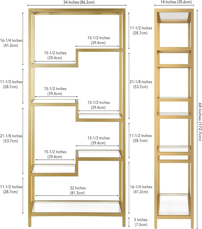 Henn&Hart 68" Tall Rectangular Bookcase in Brass, for Home Office, Living Room