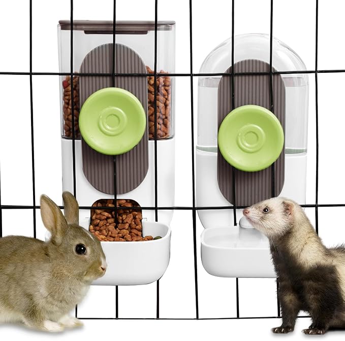 Hanging Automatic Food Water Dispenser,Gravity Rabbit Feeder, Water Dispenser Food Bowl for Bunny Chinchilla Guinea Pig Hedgehog Ferret (White Brown)