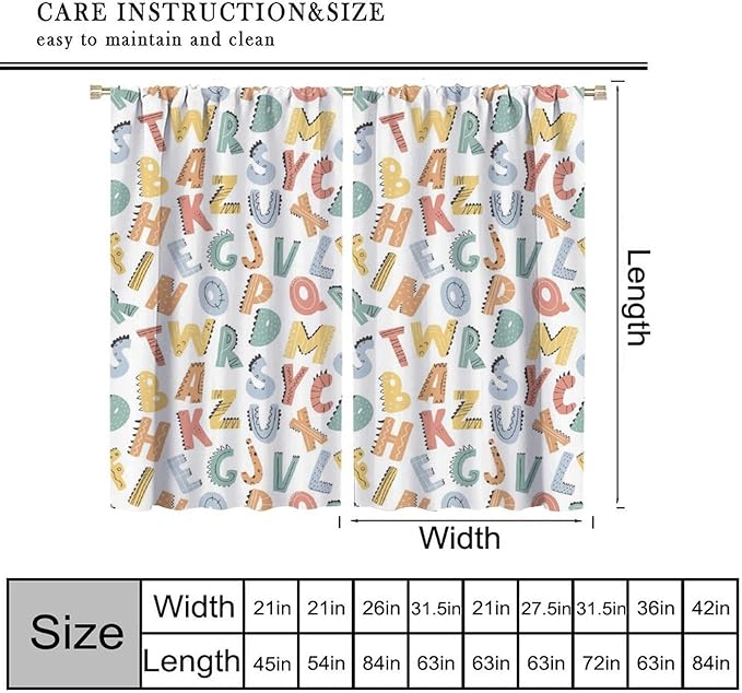 Kids Alphabet Letter Curtains Cute Funny Education Printed Curtain with Rod Pocket for Bedroom Living Room Home Decor Drapes Window Treatments 2 Panels Set 72" W X 63" L