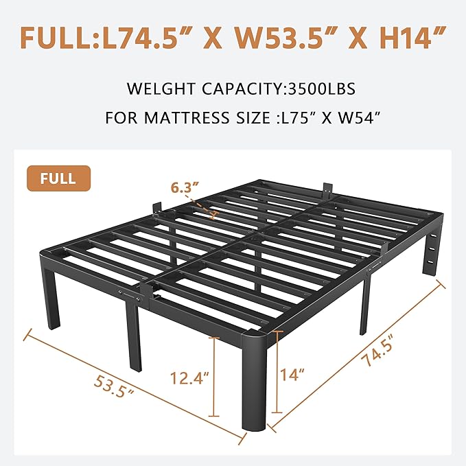 Full Size Bed Frame No Box Spring Needed, 14 Inch Metal Full Bed Frame, DIY Headboard Holes, Heavy Duty Steel Support 3500 LBS, Noiseless, Round Corner Legs, Storage Space, Easy Assembly, Black
