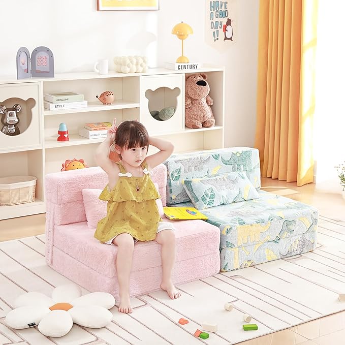 Folding Sofa Bed Floor Mattress for Kids with Pillow, Toddler Washable Folding Floor Nap Mat for Sleeping Daycare, Child Fold Up Sofa Futon Chair Bed with Storage Bag for Children
