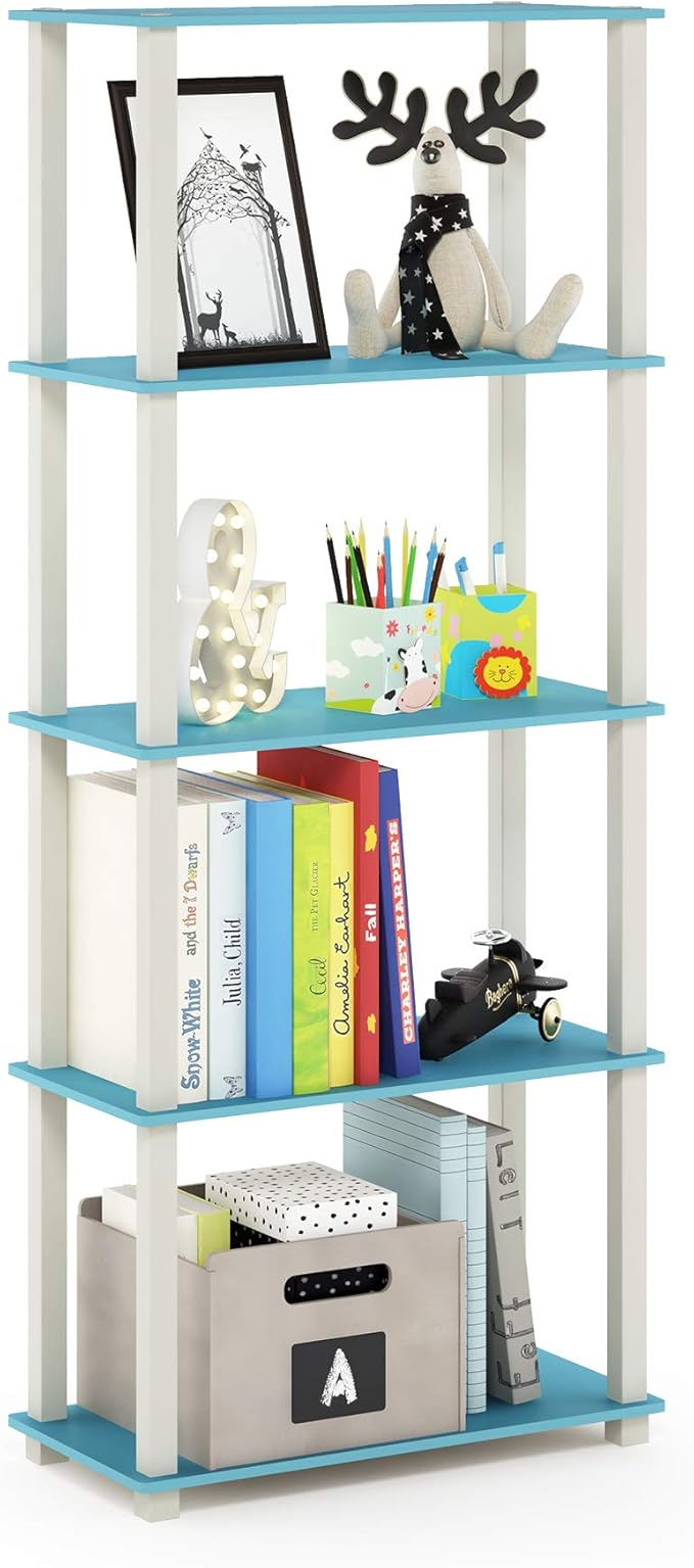 Furinno Turn-N-Tube 5-Tier Multipurpose Shelf / Display Rack / Storage Shelf / Bookshelf, Square Tubes, Light Blue/White