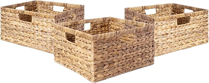 Large 14.5” x 13.5” x 8” (Set of 3) Natural Water Hyacinth Woven Storage Baskets, Rectangular Wicker Basket with Built-in Handles, Large (Natural)