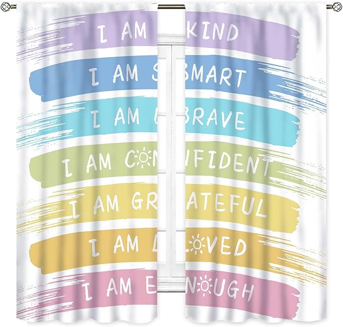 Rainbow Curtains for Classroom, Kids Girls Baby Boho Cute Inspirational Motivational Quotes Cartoon Colorful Pastel Nursery Classroom Bedroom Living Room Bathroom Window Drapes 2 Panels, 55"x63" Inch