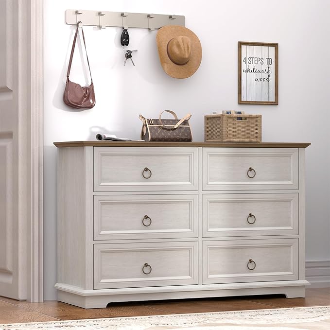 6 Drawers Dresser, Chest of Drawers for Bedroom, Dressers Organizer, Vintage Wood Drawer Chest for Living Room, Bedroom, Closet, Hallway, White