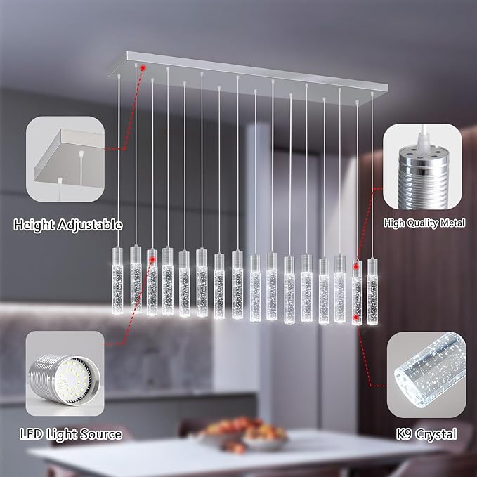 16-Lights Modern Crystal Rectangular Chandeliers LED Pendant Light