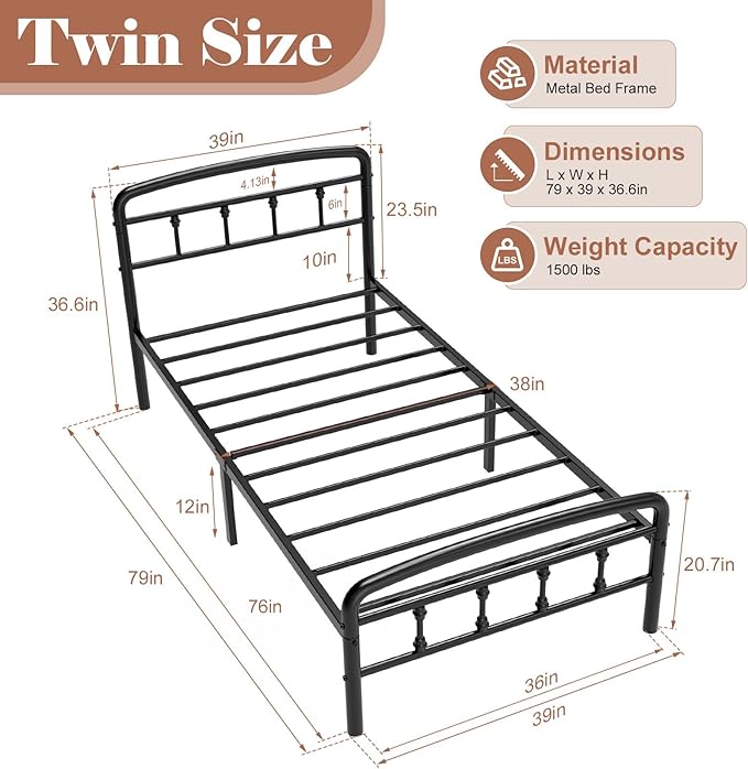 Metal Twin Bed Frames,1500 Lbs Heavy Duty Bed Frames with Headboard,Noise-Free Design & 12" Underbed Storage,No Box Spring Needed/Tool-Free Assembly