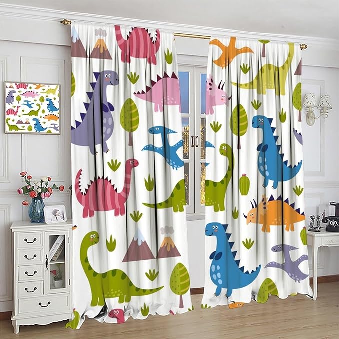Dino Curtains, Cartoon Style Colorful Dinosaurs Pattern Blackout Window Treatments, Rod Pocket Thermal Insulated Drapes 2 Panel Sets for Kids Bedroom Nursery Classroom, 63" W X 63" L