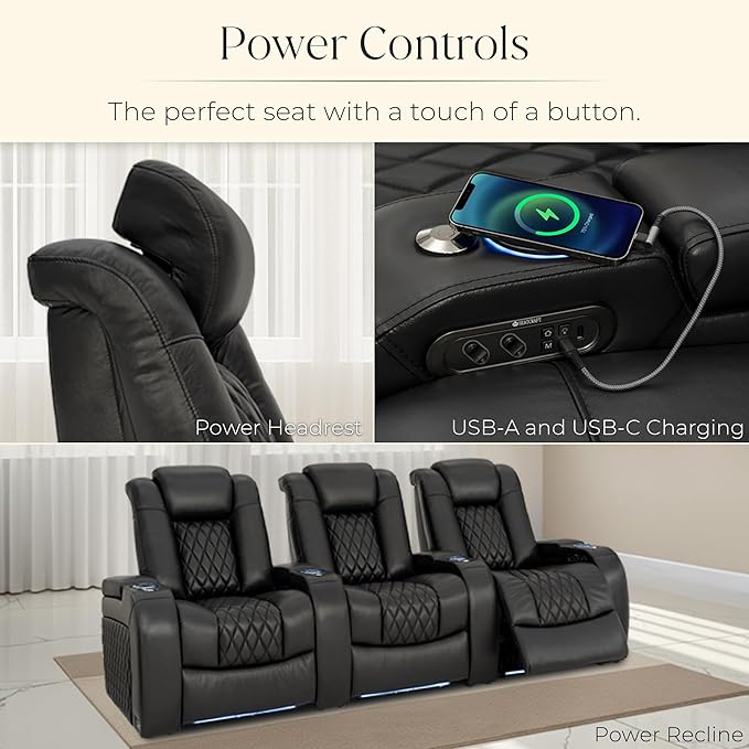 Seatcraft Diamante Zero-Gravity CoolZero Italian Leather Home Theater Seating, Power Headrest, Power Recline, Row of 2, Black
