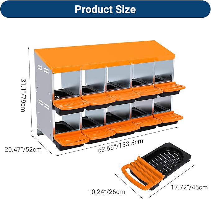 GarveeLife Chicken Nesting Box, 10 Compartments Nesting Boxes for Chickens, Chicken Laying Boxes, Roll Away Nesting Box for Chickens Laying Egg with Lid Cover to Protect Eggs, Orange