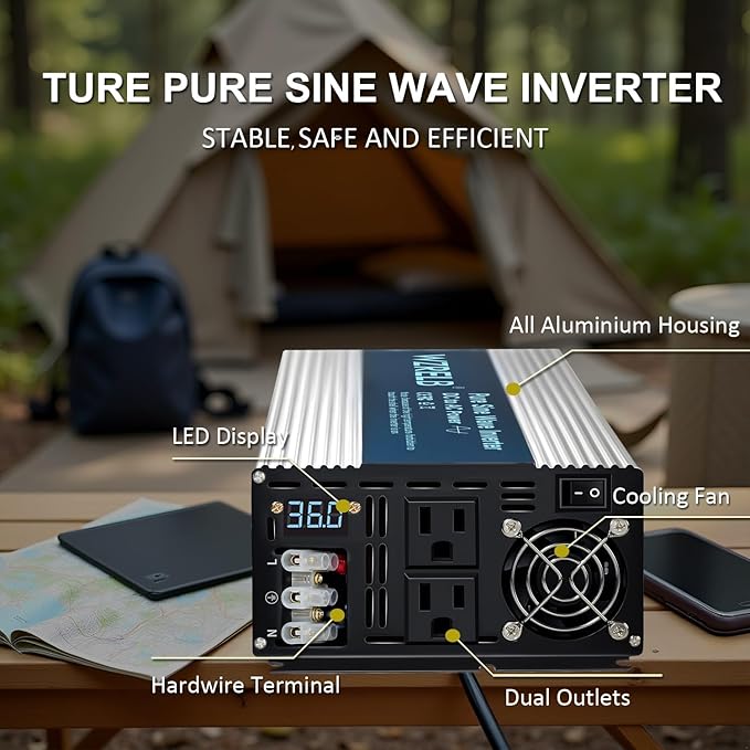 WZRELB 4000W Pure Sine Wave Inverter, Car Power Inverter 36V DC to 110V 120V AC Converter for RV, Truck, Solar, Outdoor with Dual AC Outlets, Hardwire Port, Surge 8000W, LED Display,Off-Grid