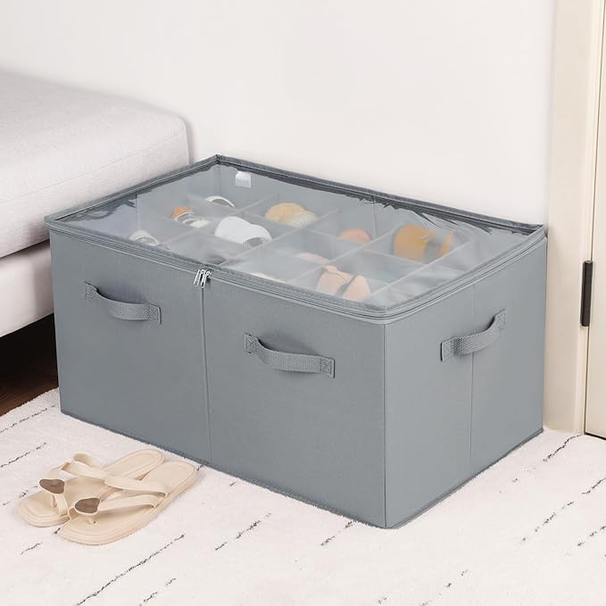 Shoe Organizer for Closet, Foldable Shoe Box with Adjustable Dividers and Clear Cover, Space Saving Shoe Storage Organizer Cabinet with Reinforced Handles, Fits 20 Pairs, Gray, TP10G