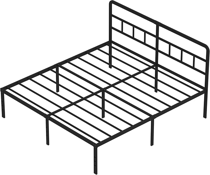 King Size Bed Frame with Headboard, 18 Inch Metal Platform No Box Spring Needed Heavy Duty Steel Slat Mattress Foundation/Easy Assembly/Noise Free/Black