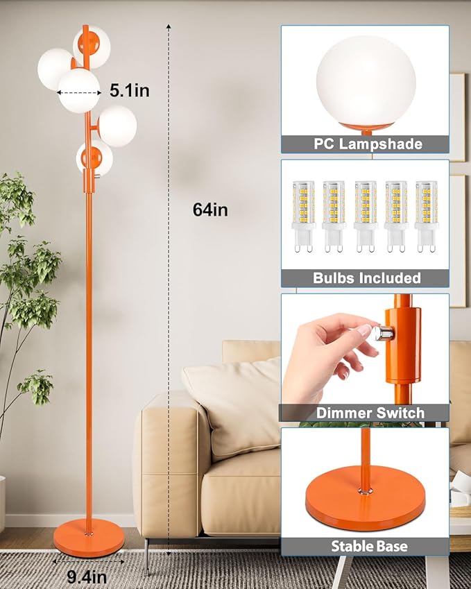 Lightdot 5-Globe Dimmable Globe Floor Lamp Orange Retro Standing Lamps