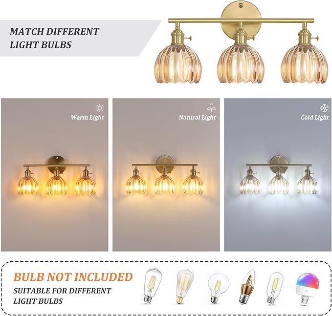 Bathroom Light Fixtures, 3-Light Brass Vanity Wall Light Over Mirror