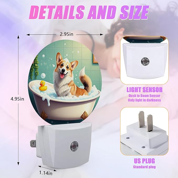 Funny Corgi Bathing Night Light Puppy Lover Night Lights LED Lamp Round Plug