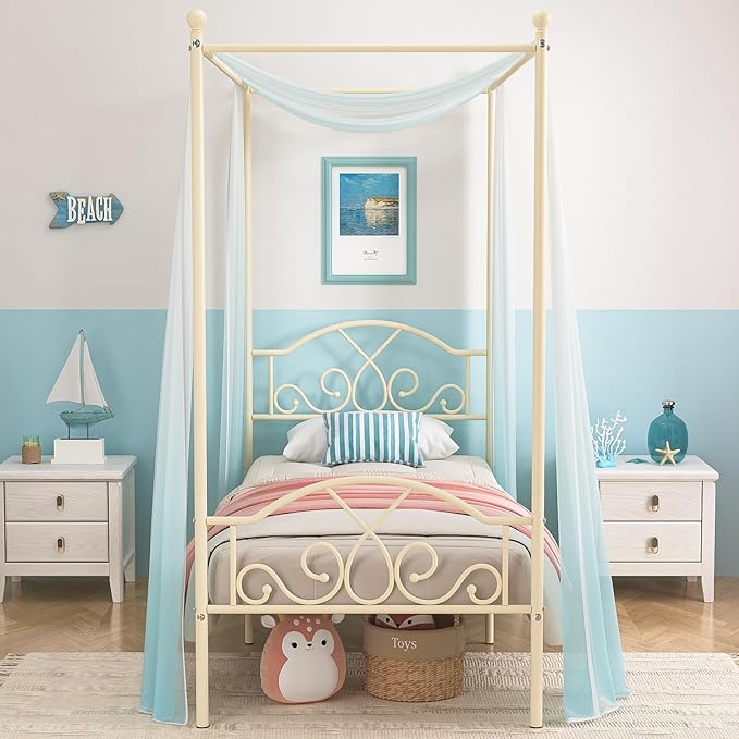 Weehom Princess Canopy Bed Frame with 4 Posters, Sturdy Metal Platform with Headboard&Footboard No Box Spring Needed Twin Size Bed for Kids Girls Adults,Beige White