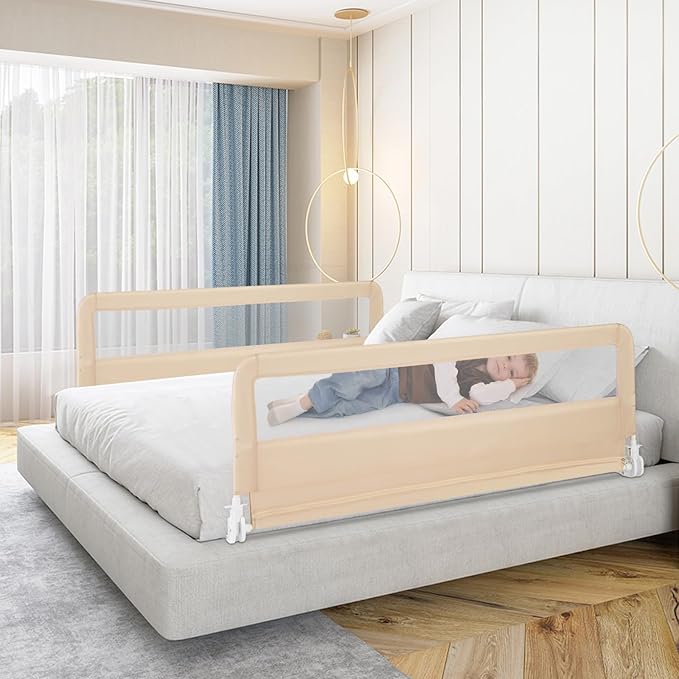 HONEY JOY Bed Rail for Toddlers, 59-in Extra Long, Portable Safety Guardrail w/Double Safety Child Lock, Foldable Baby Bed Rail Guard, Fit King & Queen Full Twin Size Bed Mattress (2 Pack, Beige)
