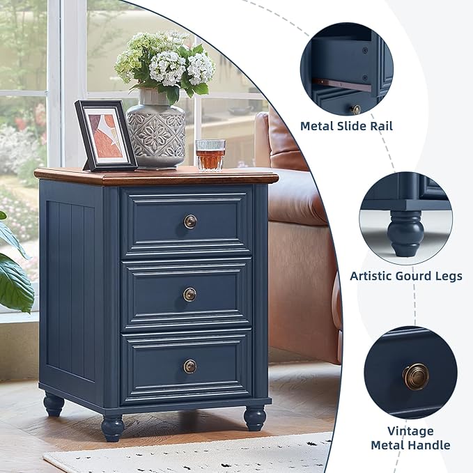 18" Farmhouse Night Stand Set of 2, Blue Wood Nightstand with 3 Drawers, Bedside End Table with Storage and Roman Column, Bed Side Tables Cabinet for Bedroom, Living Room, and Closet