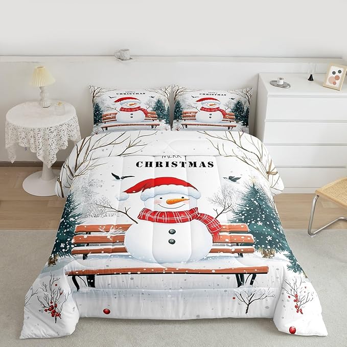 Feelyou Merry Christmas Comforter Set King Size Cute Snowman Bedding Set for Kids Boys Girls Snowflake Duvet Quilt Christmas Tree Bedroom Decor Microfiber 3 Pcs with 2 Pillow Cases