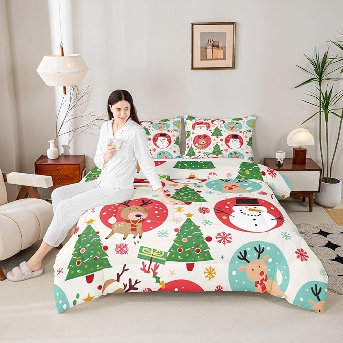 Feelyou Christmas Bedding Set Soft for Boys Girls, Santa Snowman Comforter Set Toddler Size Deer Xmas Tree Duvet Quilt Microfiber Snowflake Bedroom Decor 2 Pcs with 1 Pillow Cases