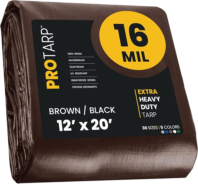 PROTARP Extra Heavy Duty 16 Mil Tarp Cover, Waterproof, UV Resistant, Rip and Tear Proof, Poly Tarpaulin with Reinforced Edges for Roof, Camping, Patio, Pool, Boat. (Brown/Black 12′ X 20′)