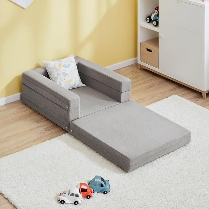Travel Toddler Bed, 3-in-1 Convertible Sofa Bed for Toddler Portable Floor Beds, Flip Open Sofa Lounger for Girls and Boys, Made with High-Density Foam and Washable Cover,Ash