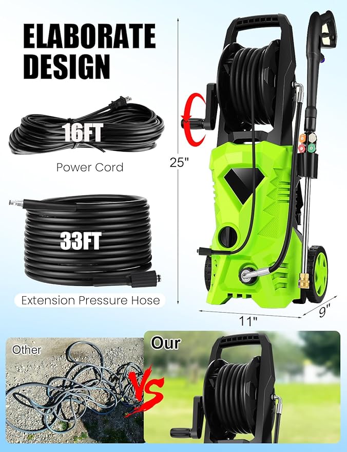 5000PSI Electric Pressure Washer - 2025 New Electric Power Washer with Upgraded 33ft Pressure Washer Hose Reel, Foam Cannon, 4 Nozzle Set, Power Washer for House/Patios/Car/Fence, Green