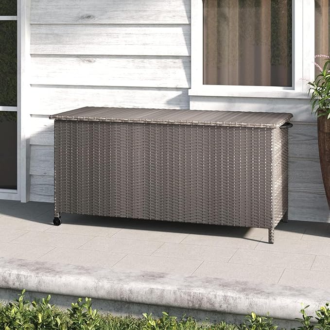 Grand patio 108 Gallon Deck Storage Box Indoor Outdoor Wicker Bin for Patio Furniture Cushions Garden Tools Pool Accessories, Greige