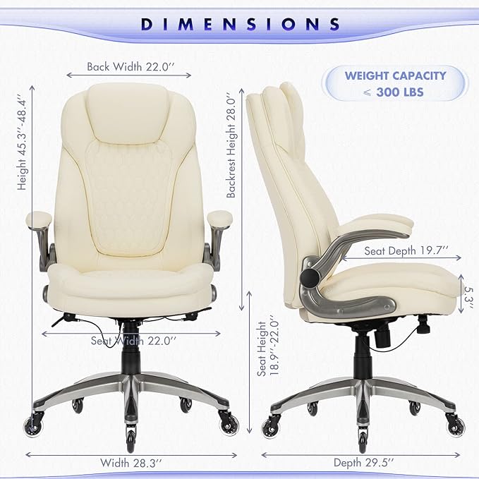 Executive Office Chair-Ergonomic Computer Desk Chair with Upgraded Caster for Swivel, High Back Office Chair with Padded Flip-up Arms, Stylish Leather Chair Thicken Seat for Comfort (Ivory, 300lbs)