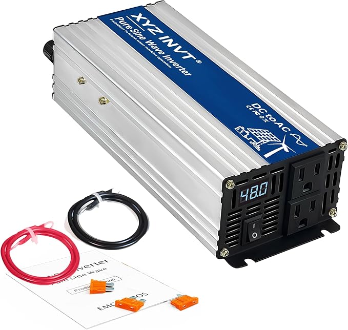 1200W Pure Sine Wave Power Inverter DC 48V to AC 110V/120V, 2400W Peak, Car/Truck Power Converter for Solar, Home, Vehicle & Rechargeable Devices with LED Display