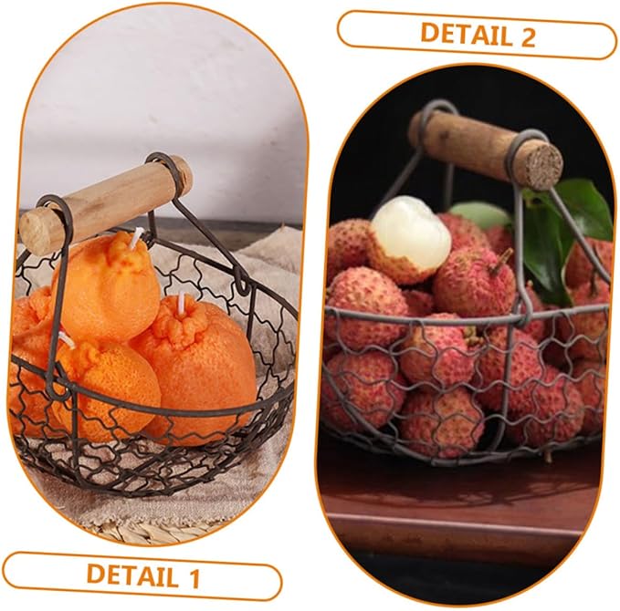 2pcs Small Iron Storage Basket with Wooden Handle, Farmhouse Style Metal Fruit and Egg Holder for Kitchen Countertop Organization, Vintage Rustic Wire Basket for Bread and Pantry