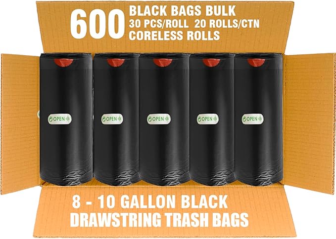 8-10 Gallon Trash Bags Drawstring, 600 Count Bulk, Black & Unscented Multi-purpose Garbage Bags for Business Home Bathroom Kitchen Commercial and Industrial