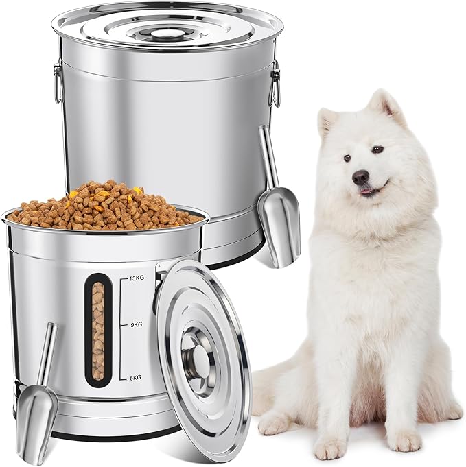 Maxdot 2 Pack 304 Stainless Steel Pet Food Storage Containers, 33lb/15kg & 55lb/25kg Extra Large Metal Dog Food Bins with Lids and Handle for Dogs Cats and Bird Feed, Odor-free, Easy to Clean