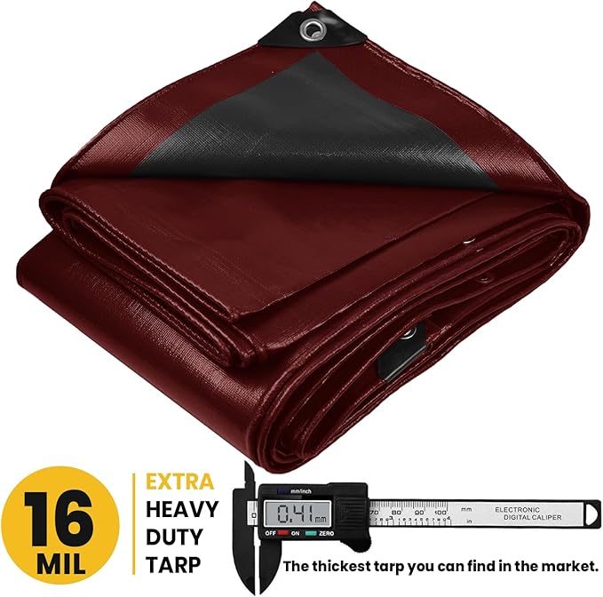 PROTARP Extra Heavy Duty 16 Mil Tarp Cover, Waterproof, UV Resistant, Rip and Tear Proof, Poly Tarpaulin with Reinforced Edges for Roof, Camping, Patio, Pool, Boat. (Maroon/Black 30′ X 70′)