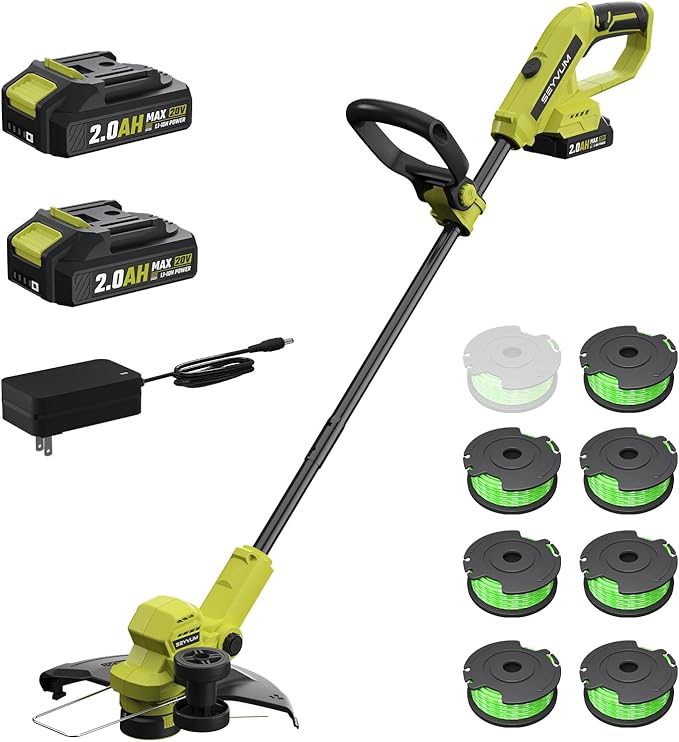 SEYVUM String Trimmer, 20V 12-inch Cordless Weed Wacker with Auto Line Feed, 2 X 2.0Ah Battery Powered Lawn Edger with 8 Pcs Grass Cutter Spool Line, Fast Charger Included, Lemon Green