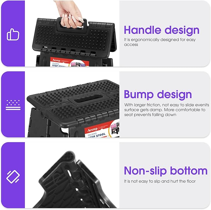 ACSTEP 16 Inch Folding Step Stool for Adults and Kids, Non-Slip Plastic Foldable Stepping Stool, Collapsible Folding Stool with Handle Holds Up to 400lbs for Kitchen, Dot Black (1 Pack)