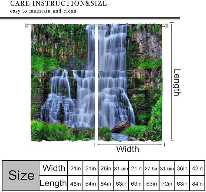 Nature Scenery Waterfall Blackout Curtains, Forest Waterfall Landscape Green Jungle Stone Falls Print Pattern Rod Pocket Window Drapes, for Bedroom Living Room 63" W X 63" L