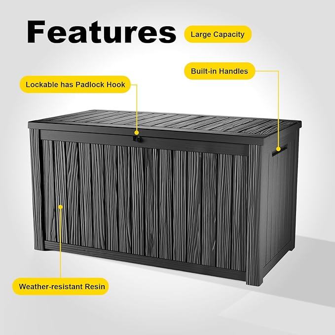 200 Gallon Waterproof Outdoor Storage Box, UV Resistant Resin Deck Box with Hydraulic Rod for Reinforced Stability, Perfect for Patio, Garden, and Pool,Black