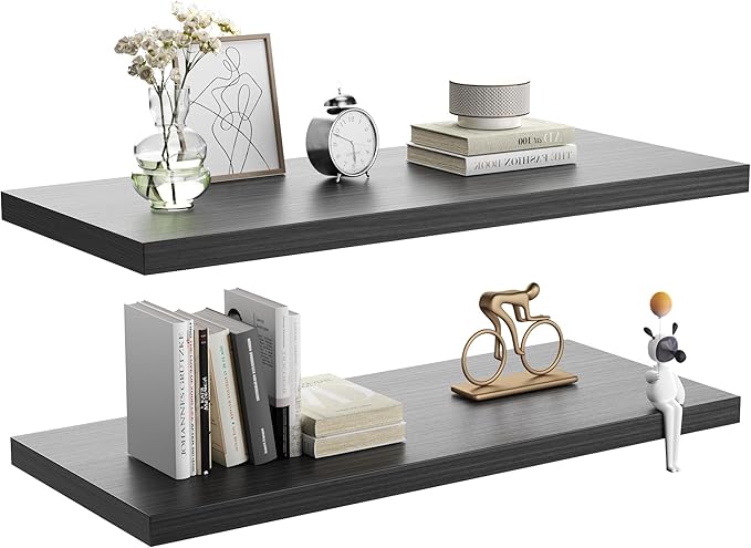 Wall Shelf Set of 2,Dark Wood Floating Shelves 36 in W x 10 in D x 1 in H, Wooden Floating Wall Shelf with Invisible Brackets for Living Room/Bedroom/Bathroom/Kitchen Storage and Decor