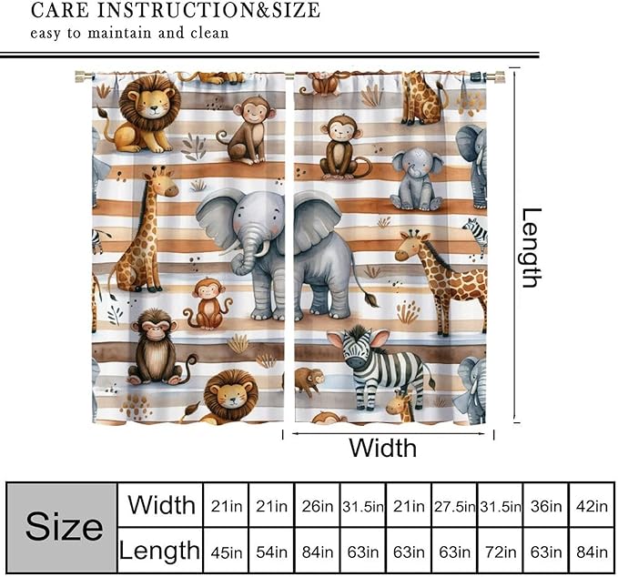 Kids Animal Curtains Elephants Giraffes Monkeys Lions Zebras Window Treatment for Kids Boys Girls Nursery Baby Bedroom Playroom Home Decor Window Drapes 72" W X 63" L