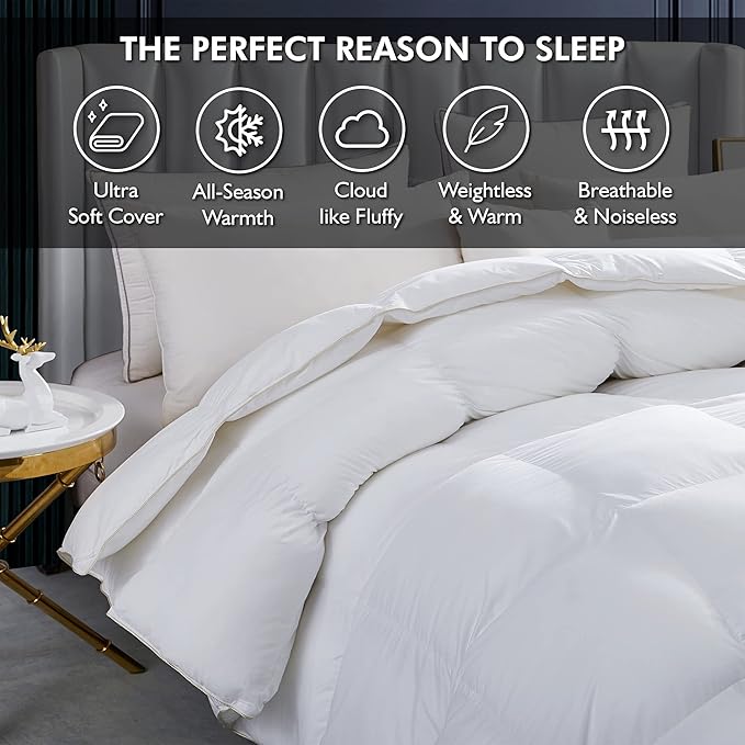 Luxurious White Solid Heavy Weight, Queen Size Goose Feathers Down Comforter for Winter Weather Duvet Insert, Premium Baffle Box, 100% Egyptian Cotton Cover, 65 oz. Fill Weight