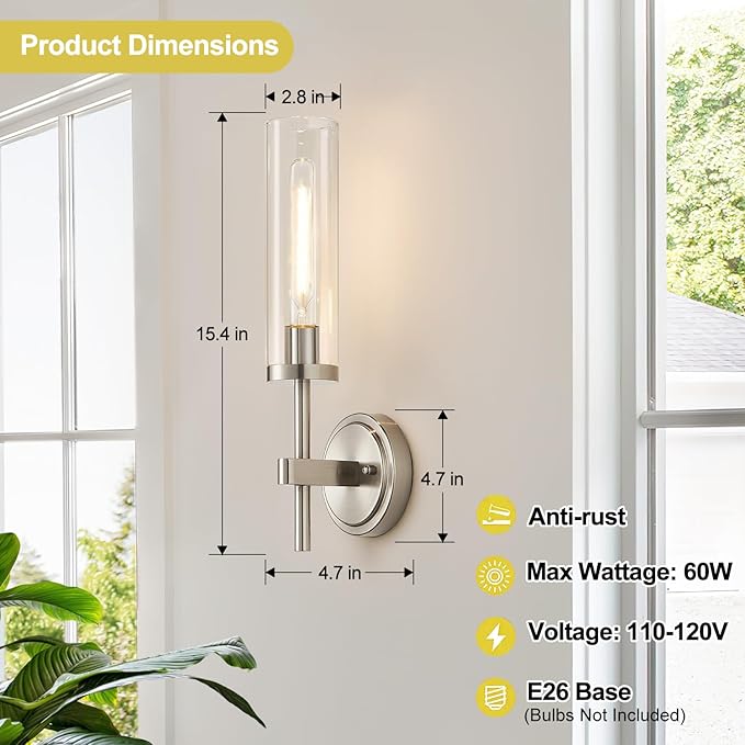 Wall Sconces Set of Two, Brushed Nickel Bathroom Sconces
